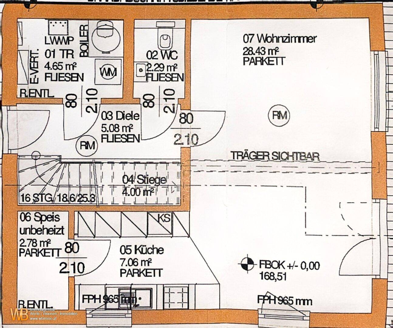 Grundriss des Erdgeschosses mit Wohnzimmer, Küche, Diele und Gäste-WC.