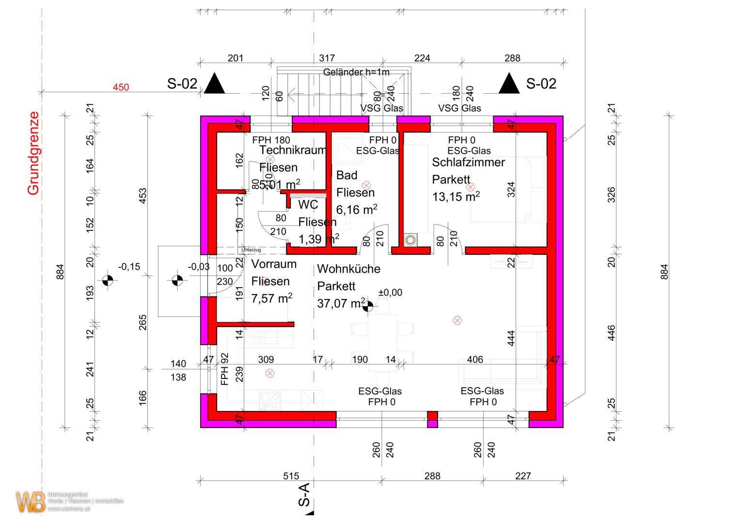 Grundriss des Erdgeschosses mit Wohnbereich, Bad, WC und Schlafzimmer.
