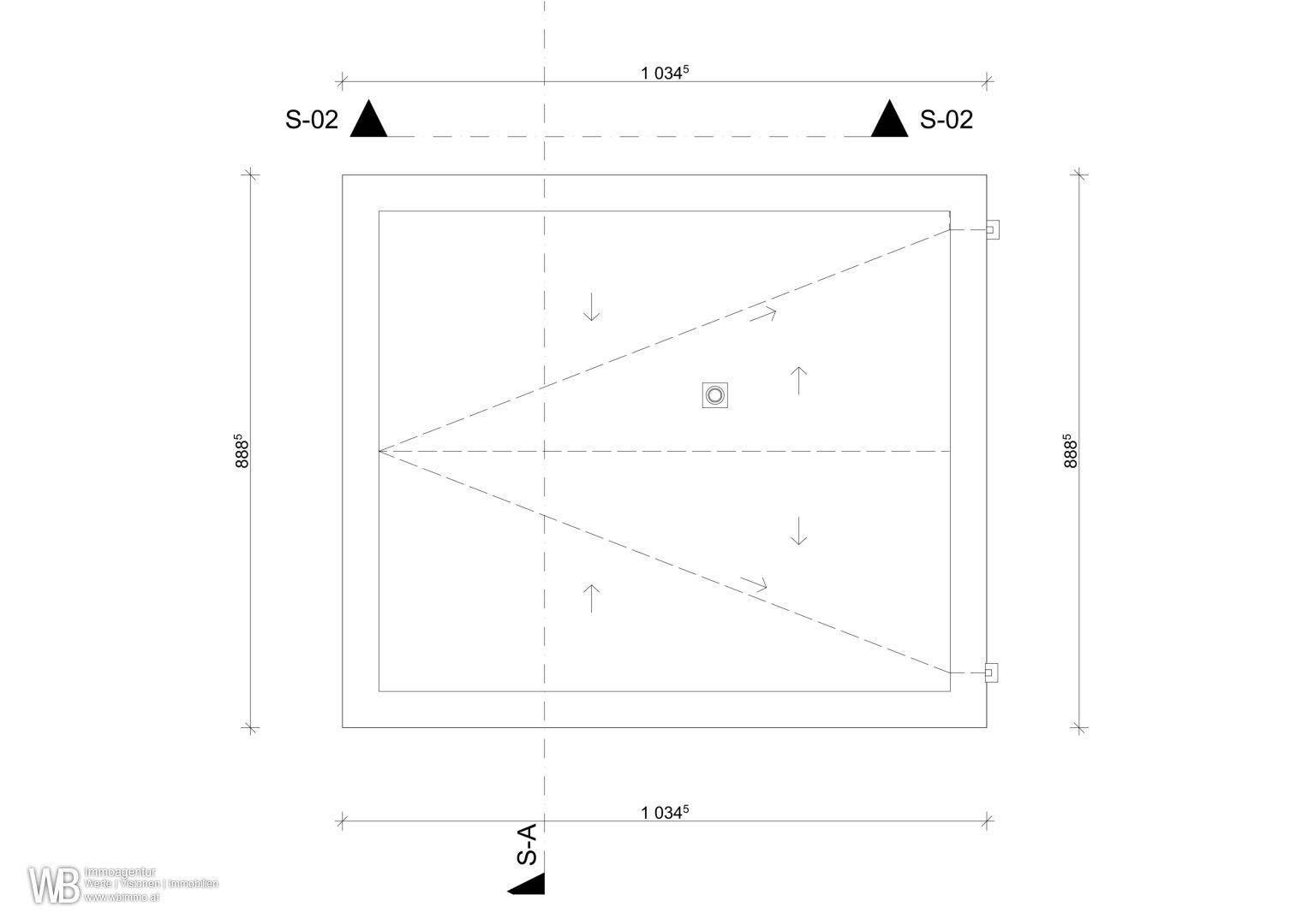 Dachaufsicht des Gebäudes mit angedeuteter Dachform und Abmessungen.