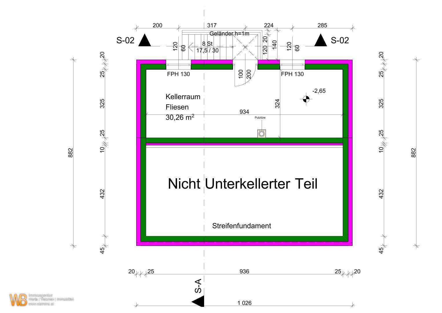 Grundriss des Kellergeschosses mit großem Kellerraum und nicht unterkellertem Bereich.