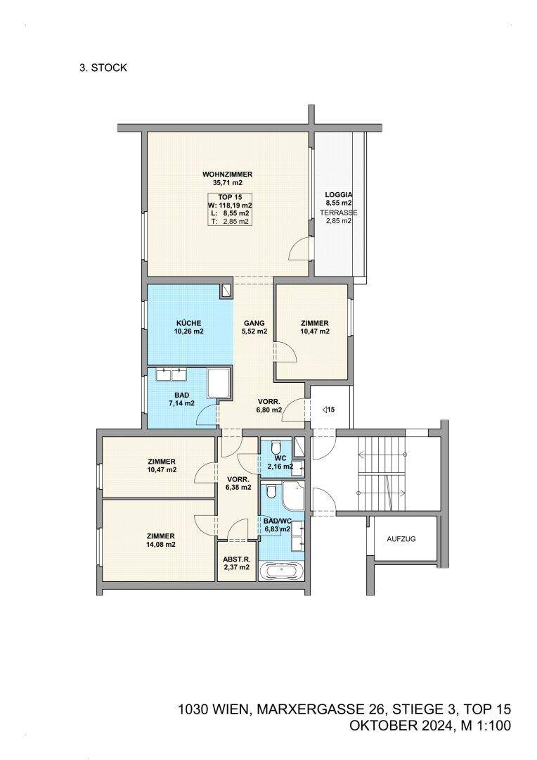 Grundriss der Wohnung im 3. Stock mit mehreren Zimmern, offenem Wohnbereich, Loggia und Terrasse.