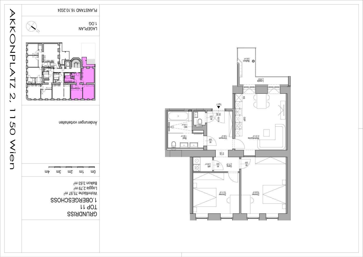 Dieser Grundriss zeigt eine moderne Wohnung mit offenem Wohn-Essbereich, zwei Schlafzimmern und zwei Bädern, ergänzt durch einen Balkon und eine Loggia.