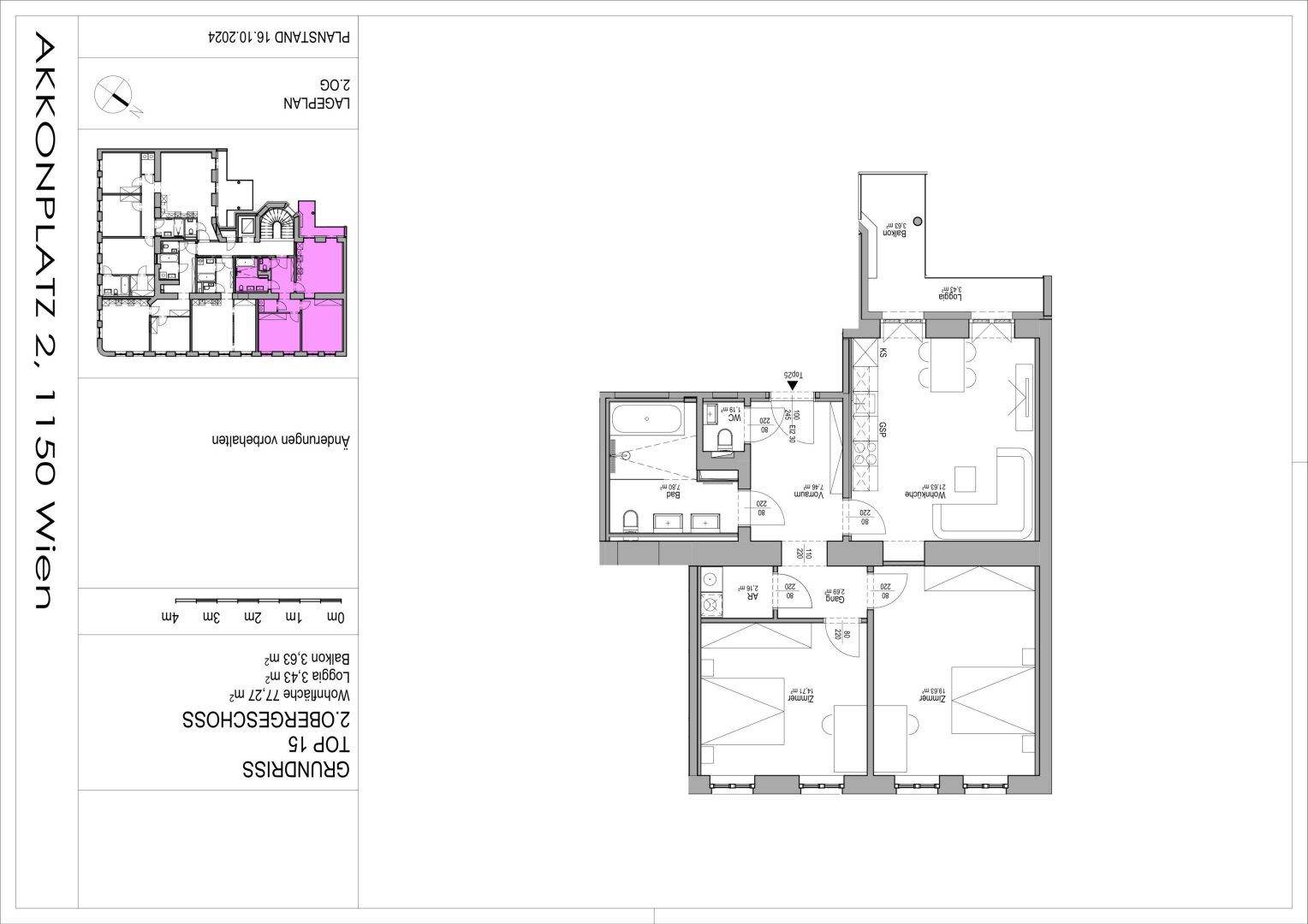 Grundriss einer Wohnung mit offenem Wohnbereich, zwei Schlafzimmern, Bad, separatem WC, Loggia und Balkon.