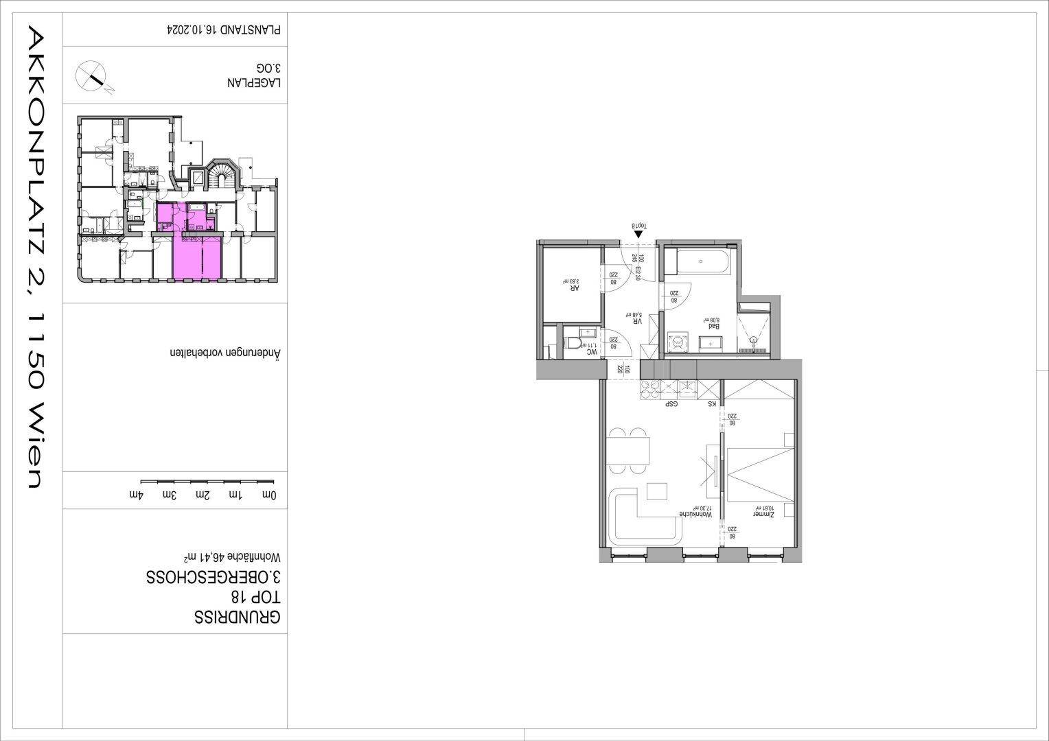 Grundriss einer Wohnung im dritten Obergeschoss mit offenem Wohnbereich, Schlafzimmer, Bad und separatem WC.