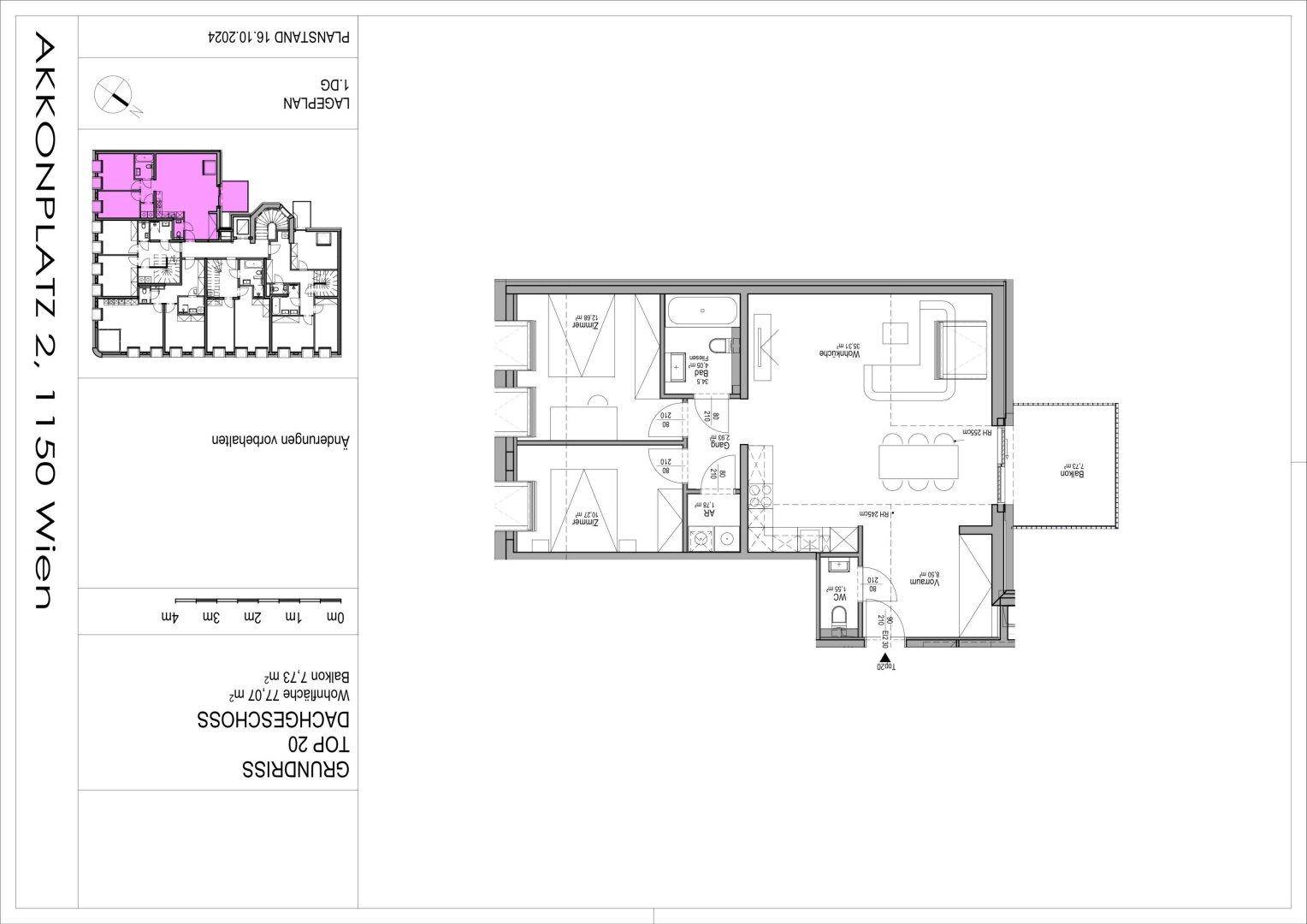 Grundriss einer modernen Wohnung mit offenem Wohn-Essbereich, zwei Schlafzimmern, Bad und separatem WC sowie einem Balkon.