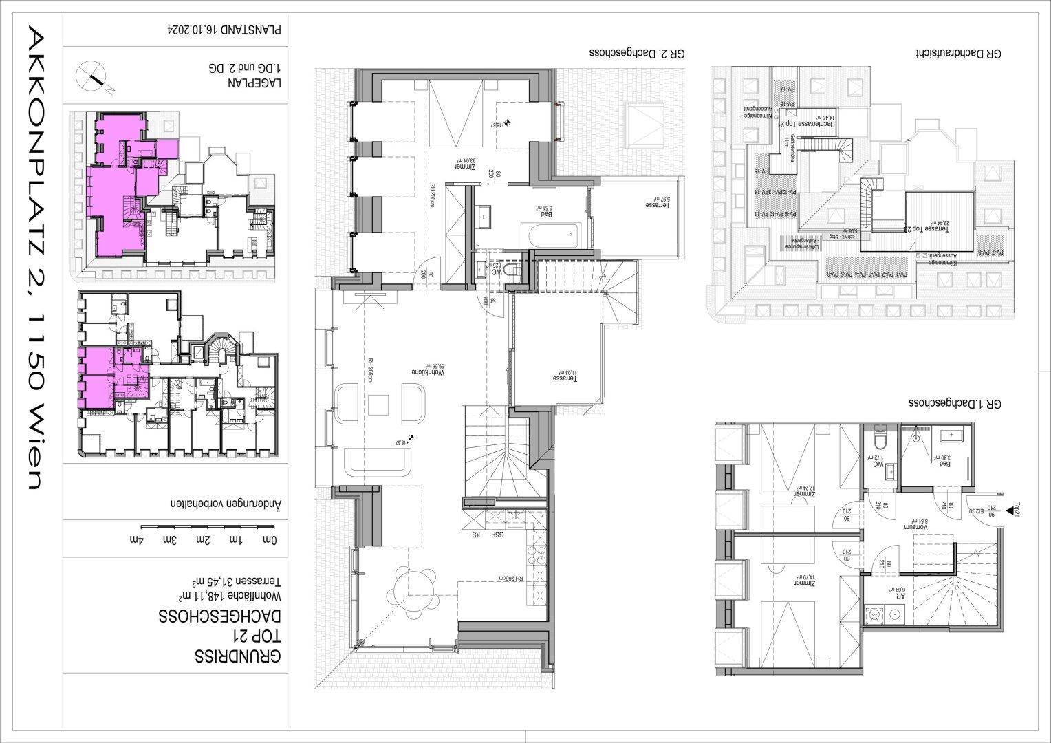 Grundrissplan einer zweistöckigen Dachgeschosswohnung mit offenem Wohnbereich, mehreren Terrassen und Dachschrägen.