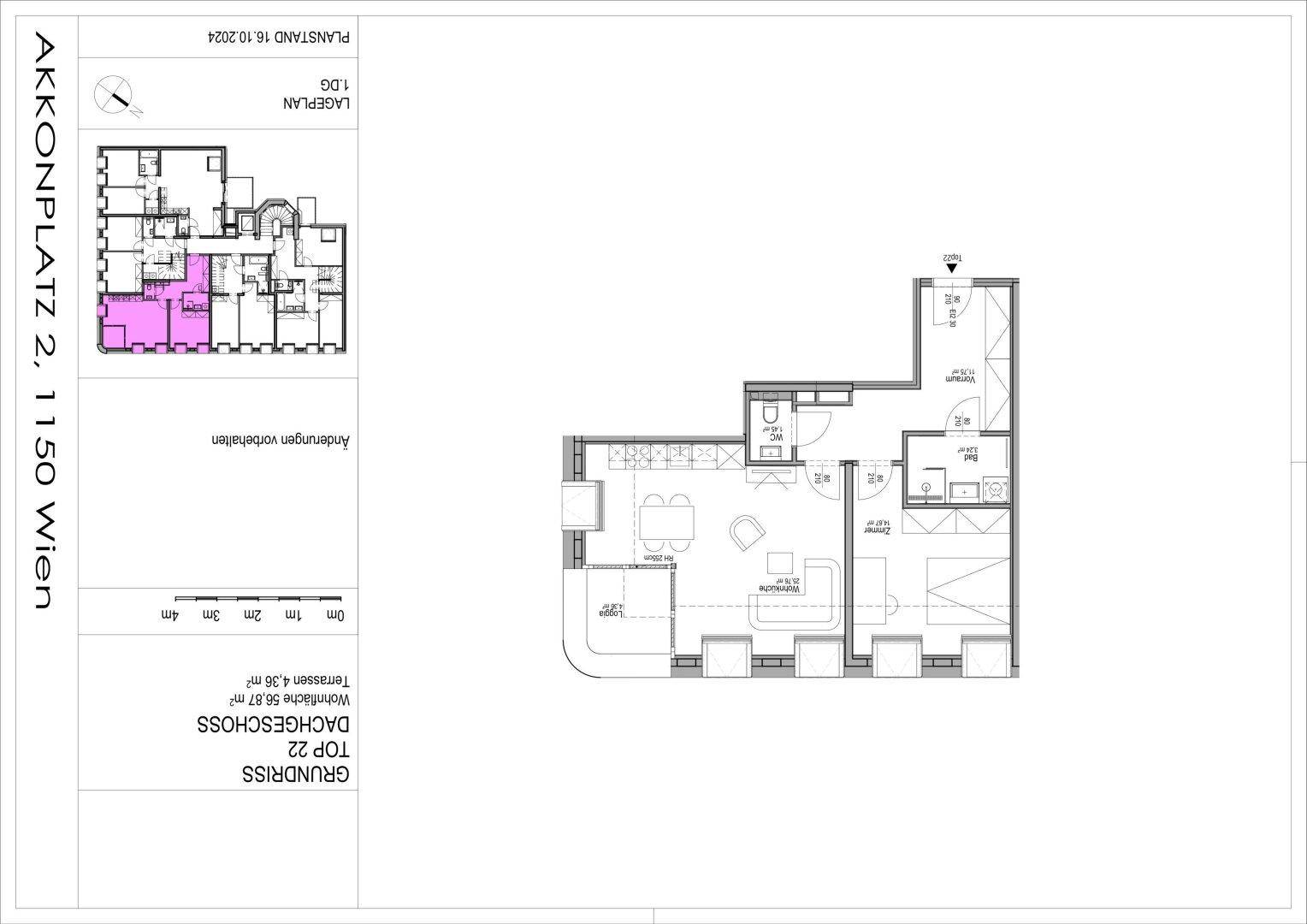 Grundriss einer Dachgeschosswohnung mit offenem Wohnbereich, separatem WC und einer Terrasse.