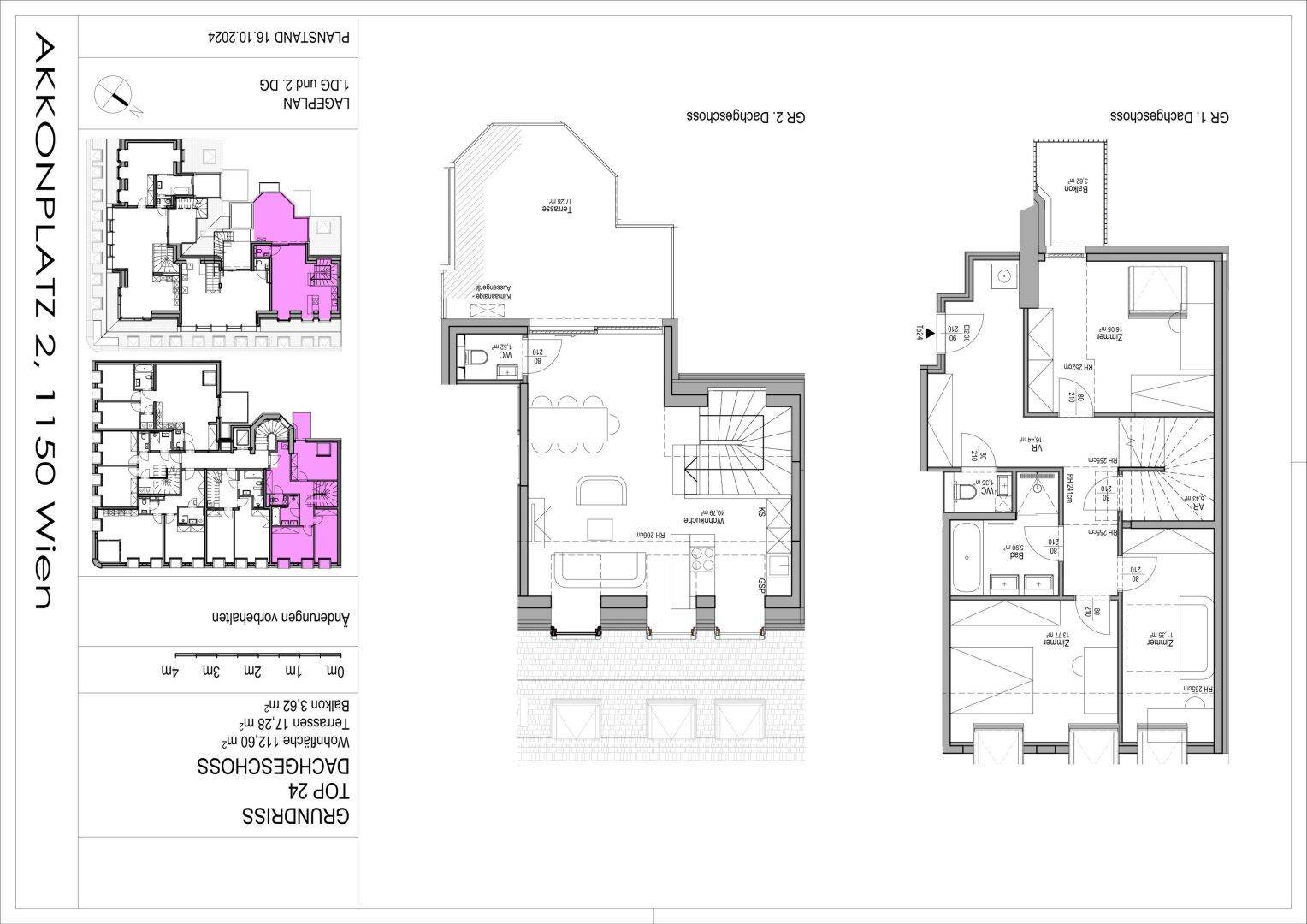 Grundriss einer Maisonette-Wohnung über zwei Ebenen mit offenem Wohnbereich, Balkon, großer Terrasse und mehreren Bädern.