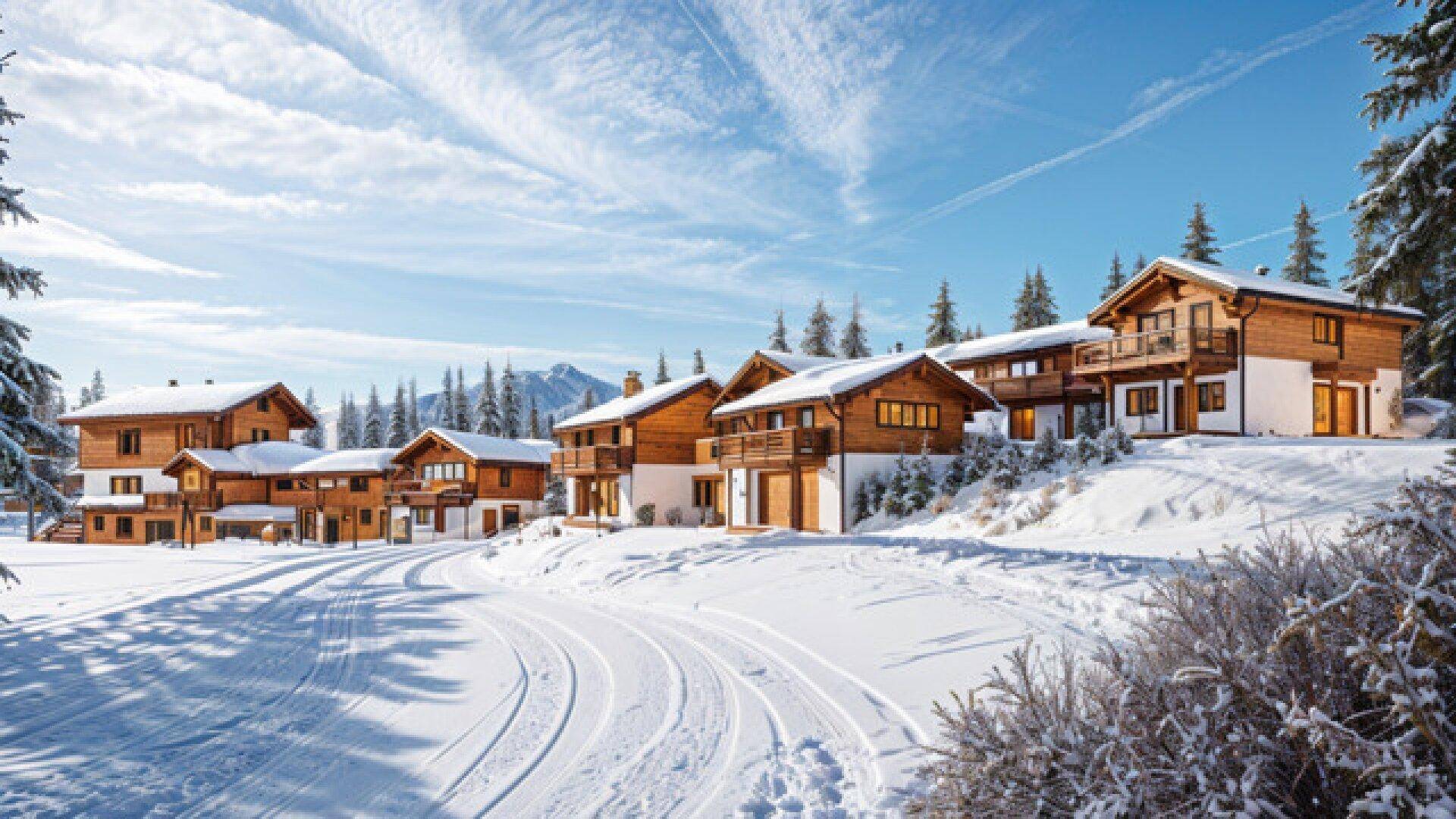 Winterlandschaft mit mehreren verschneiten Chalets und Loipenspuren im Vordergrund unter blauem Himmel.