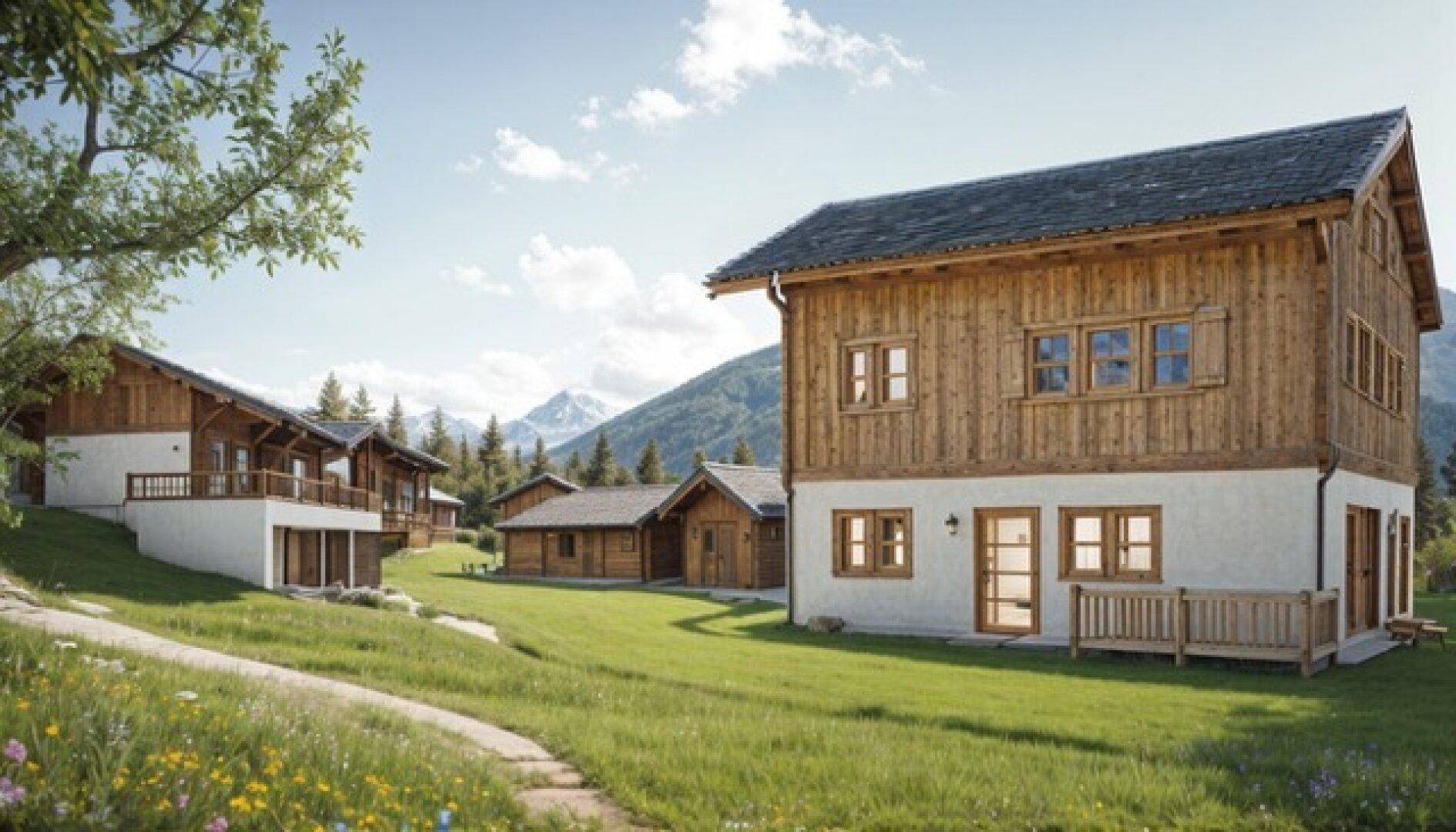Mehrere traditionelle Chalets mit Holzbalkonen und weiß verputzten Fassaden in einer sonnigen Berglandschaft.