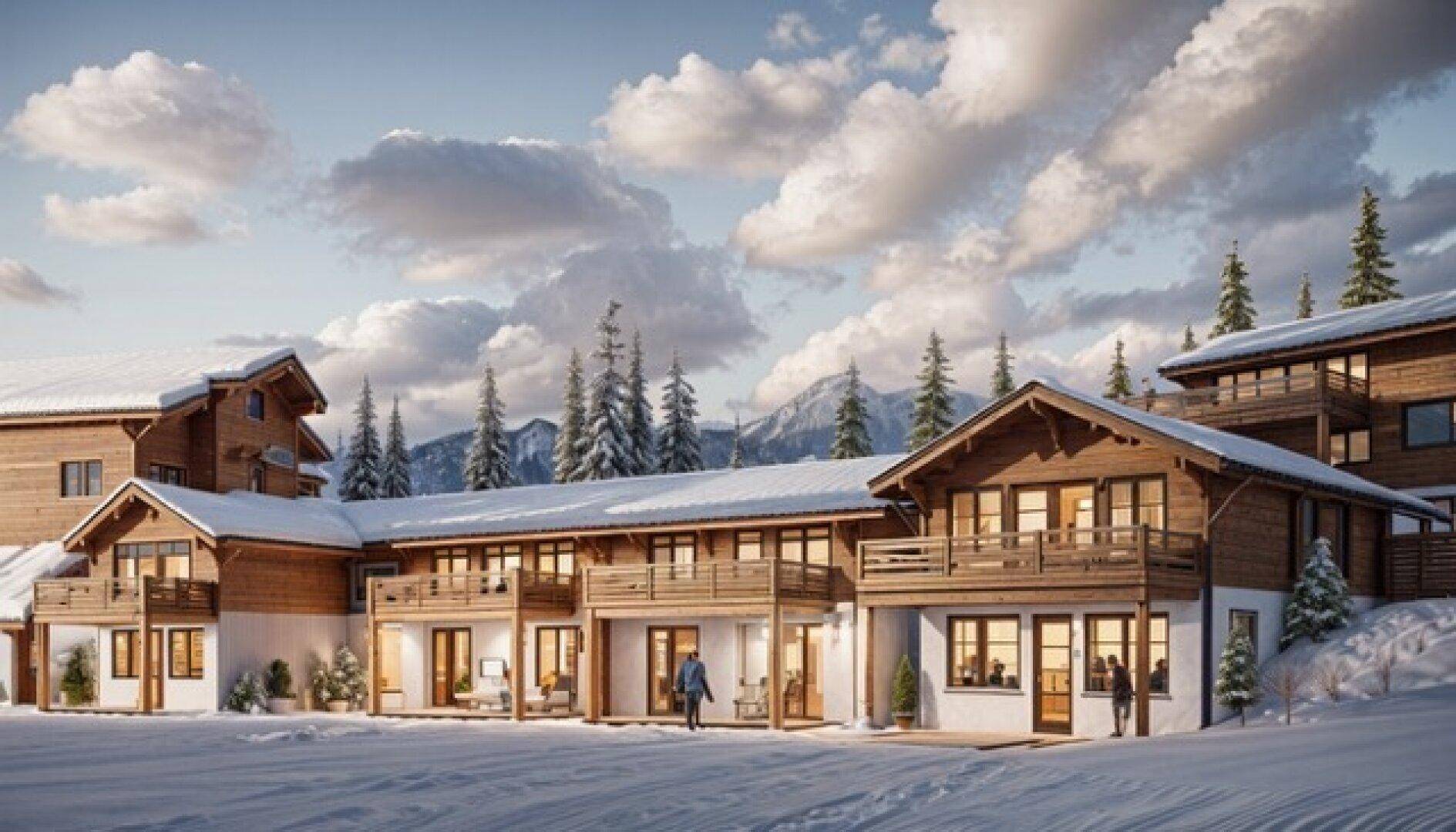 Eine Reihe von modernen Chalets in einer verschneiten Berglandschaft mit Personen vor den Gebäuden.