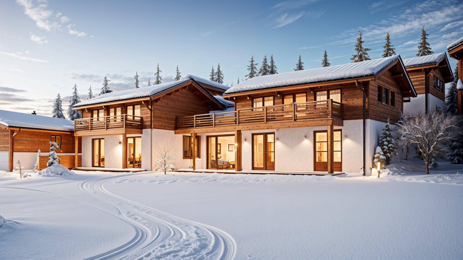 Zwei beleuchtete Chalets in einer verschneiten Winterlandschaft bei Dämmerung mit Spuren im Schnee.