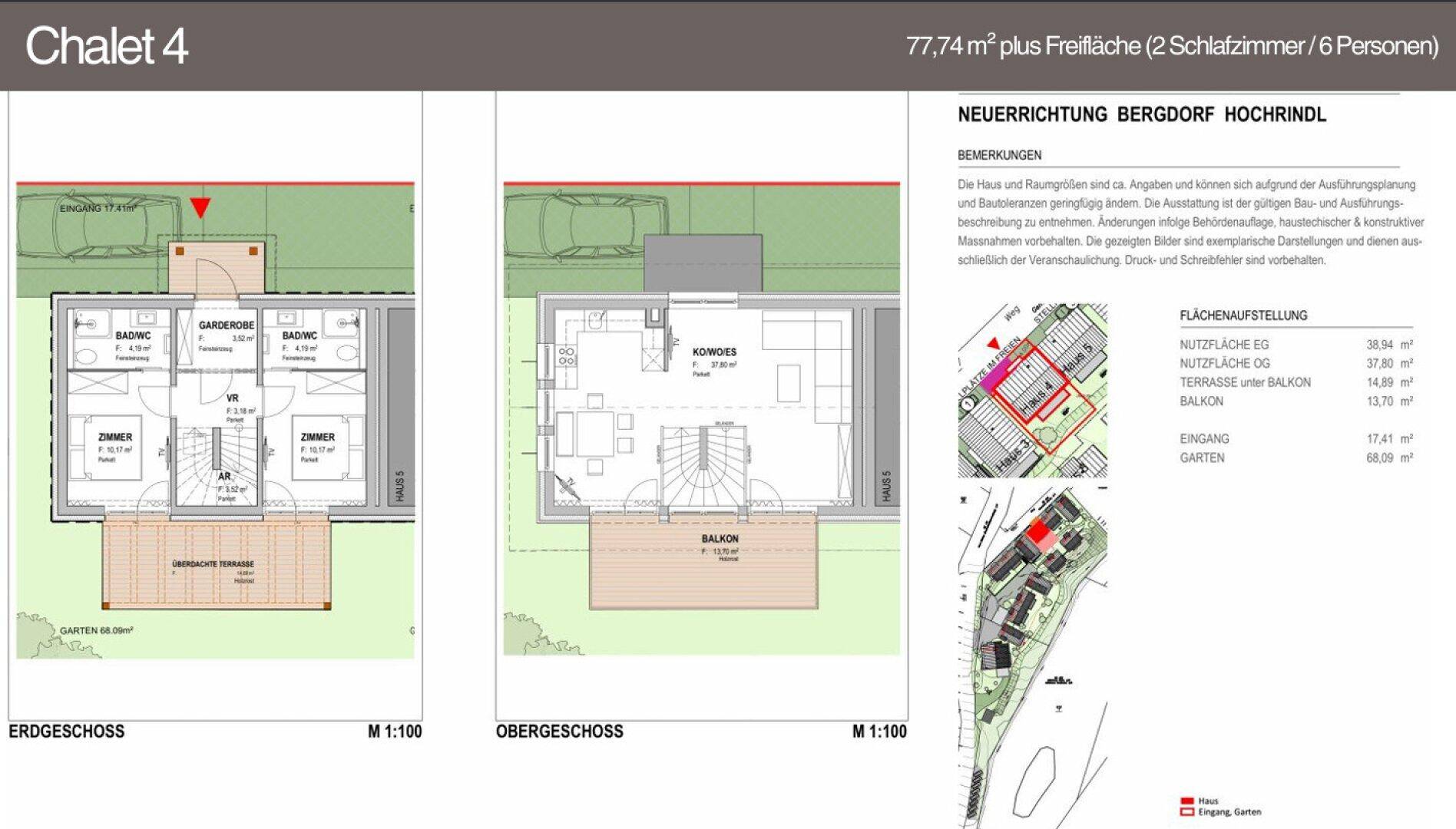 Grundriss des Chalet 4 mit Erdgeschoss und Obergeschoss, inklusive Terrasse und Balkon.