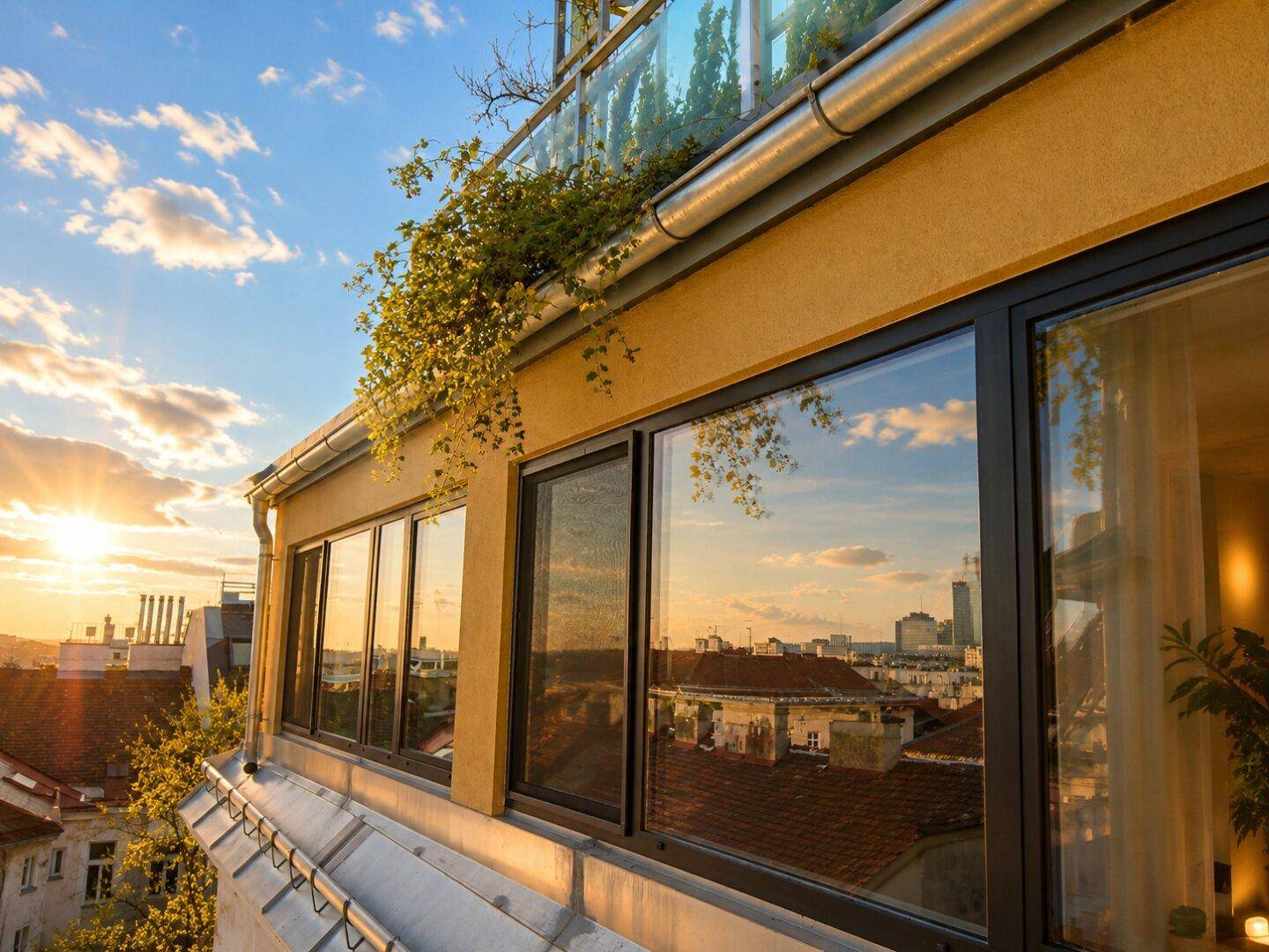 Fassade eines Gebäudes mit großen Fenstern und einem Balkon, der einen weiten Blick über die Stadt bietet.