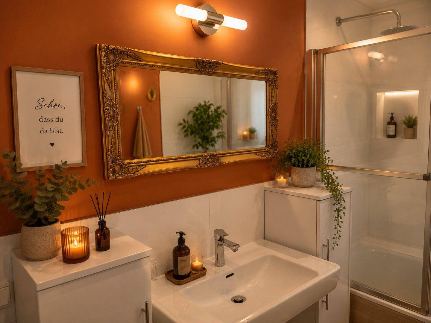 Modernes Badezimmer mit orangefarbener Akzentwand, Waschtisch, großem Spiegel und Duschkabine.