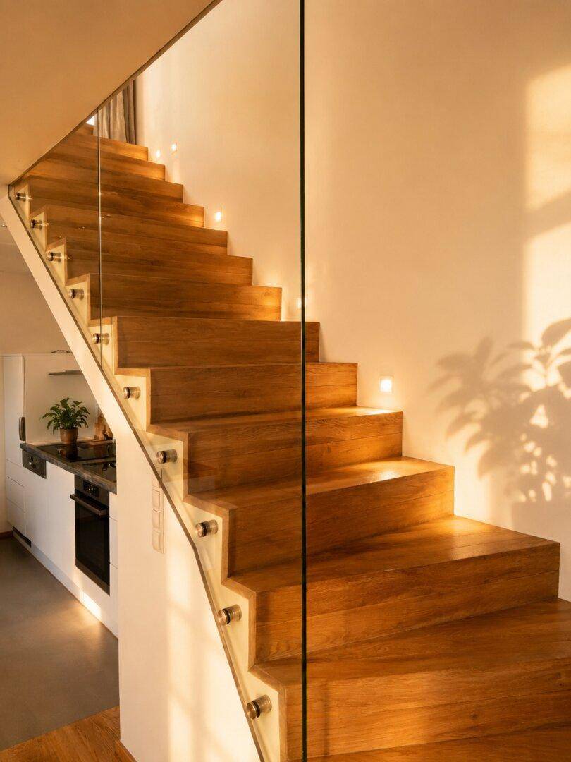 Moderne Holztreppe mit Glasgeländer und integrierter Beleuchtung, die zur Küche führt.
