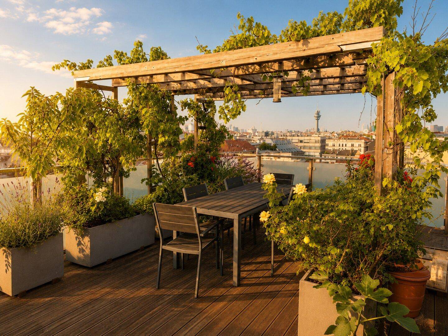 Geräumige Dachterrasse mit Pergola, großem Esstisch und Stühlen, ideal für Mahlzeiten im Freien mit Stadtblick.