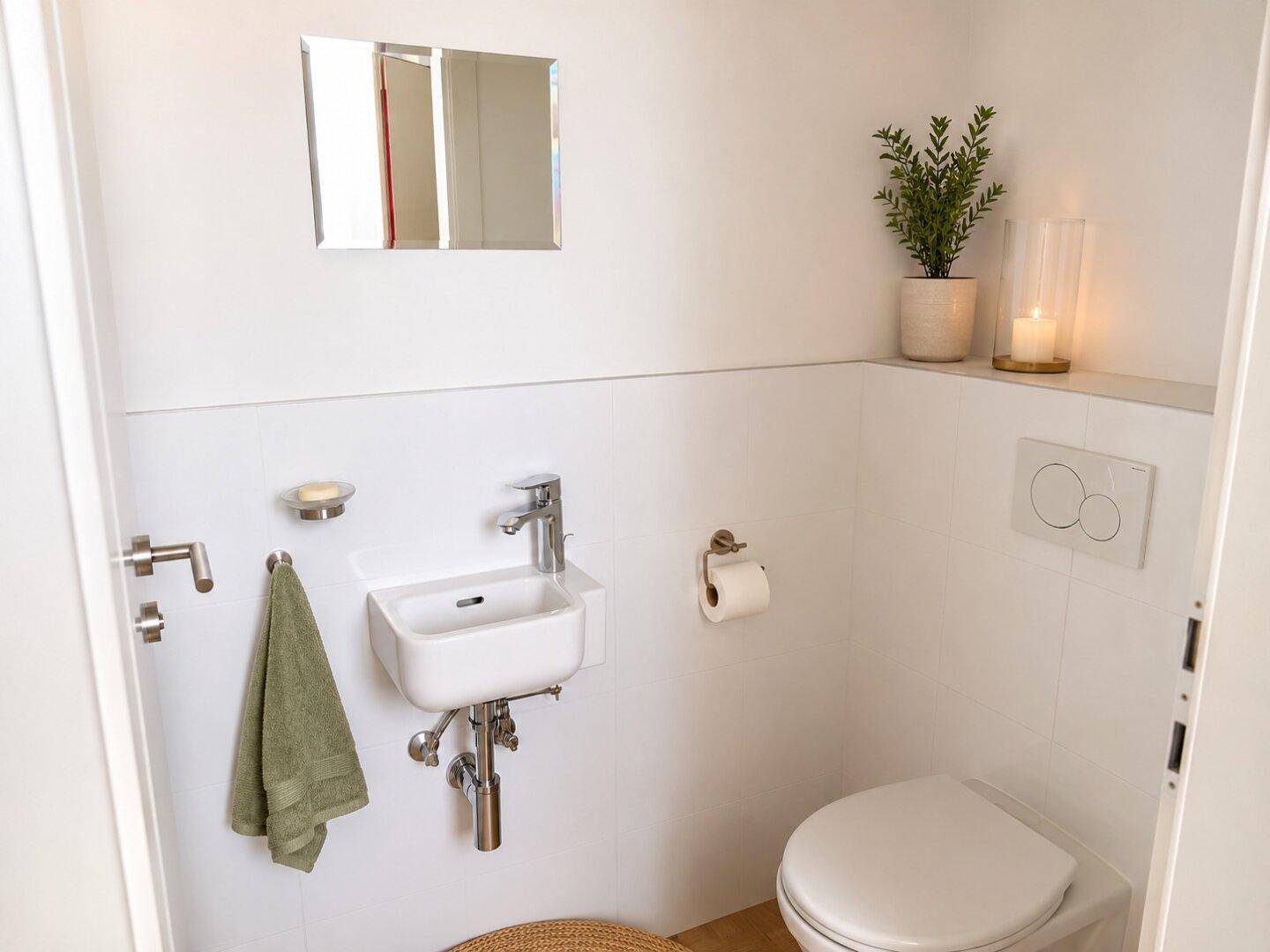 Kleines Gäste-WC mit wandhängendem WC, kleinem Waschbecken und einem Spiegel.