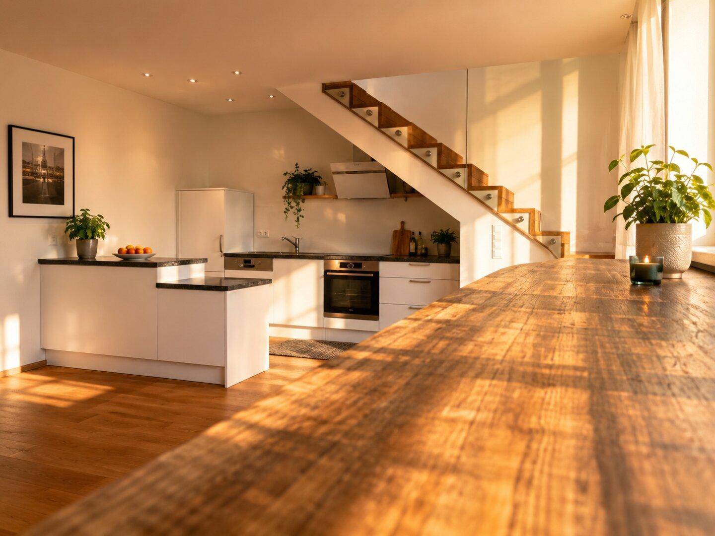 Offene Küche unter einer Treppe mit weißen Schränken, dunklen Arbeitsplatten und einem großen Holztisch.
