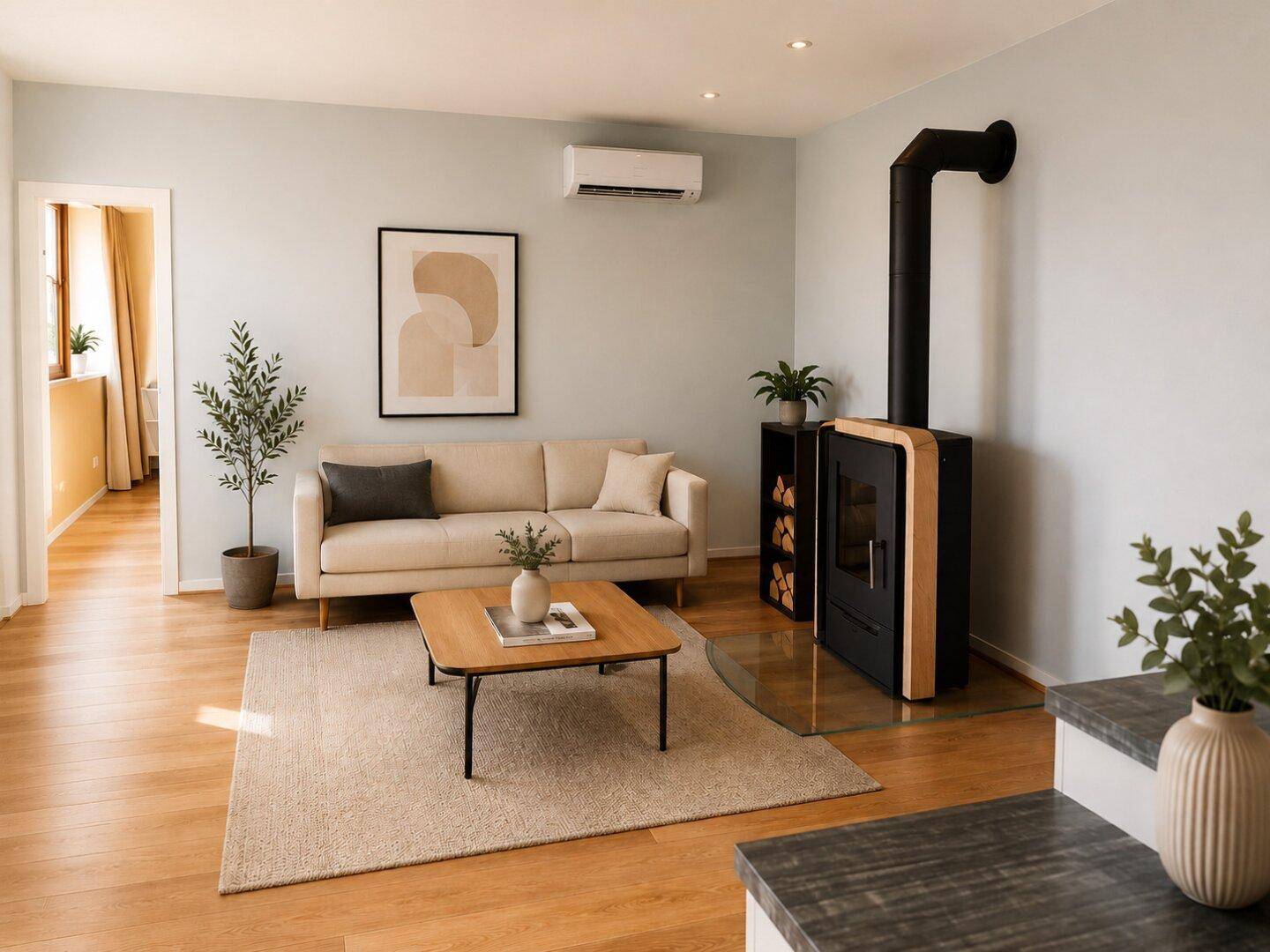 Gemütliches Wohnzimmer mit hellem Sofa, modernem Kaminofen, Holzboden und Klimaanlage für Komfort.