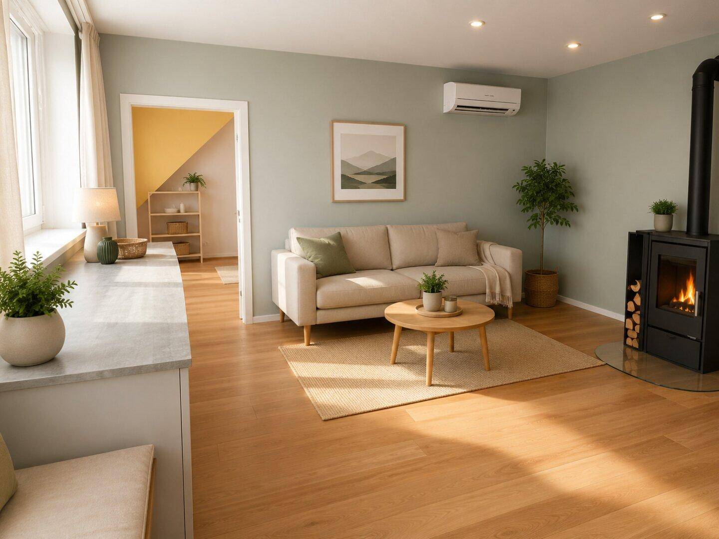 Helles Wohnzimmer mit modernem Holzofen, beigem Sofa, Holzboden und Klimaanlage für angenehmes Raumklima.