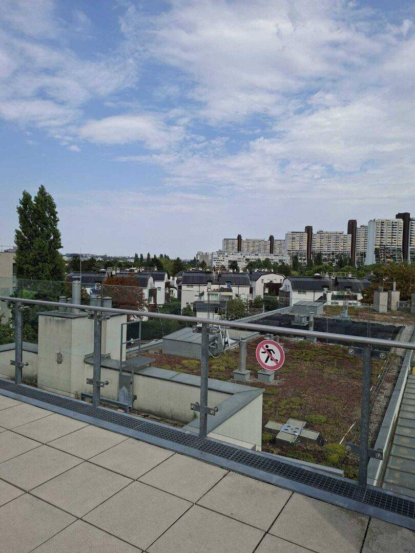 Blick von einer Dachterrasse über begrünte Dächer und eine Wohnsiedlung mit Hochhäusern im Hintergrund.