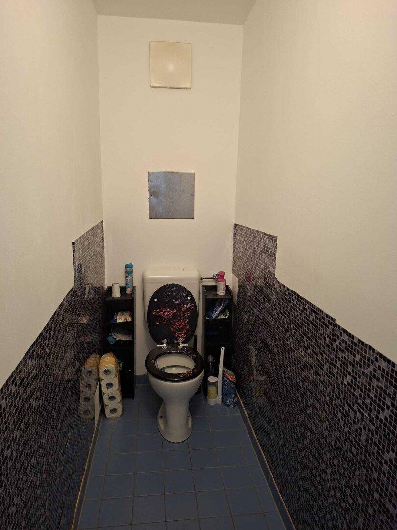 Separates WC mit Toilette und dekorativen dunklen Mosaikfliesen an den Wänden.