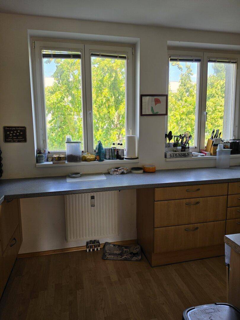 Helle Küche mit Holzschränken, grauer Arbeitsplatte und Blick ins Grüne durch zwei Fenster.