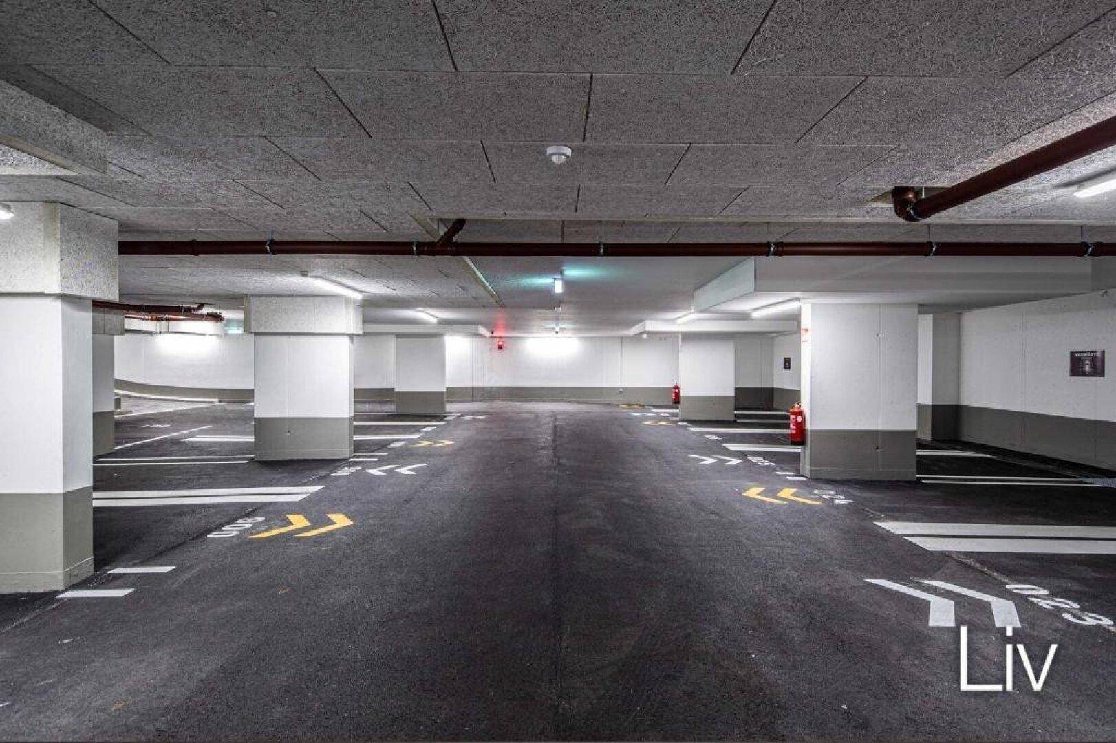 Geräumige Tiefgarage mit markierten Parkplätzen und guter Beleuchtung.