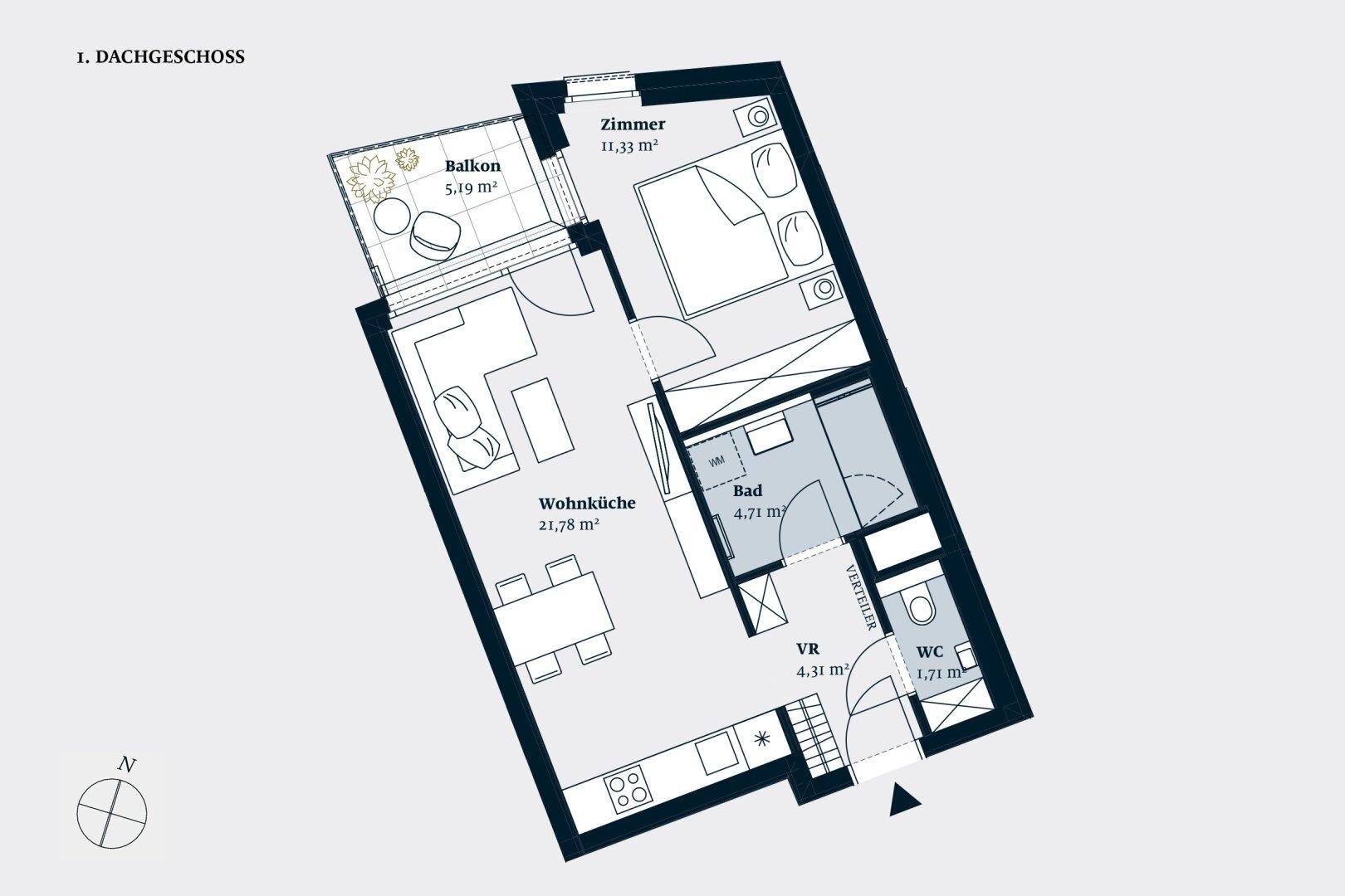 Grundriss des Dachgeschosses mit offener Wohnküche, Schlafzimmer, Bad, separatem WC und Balkon.