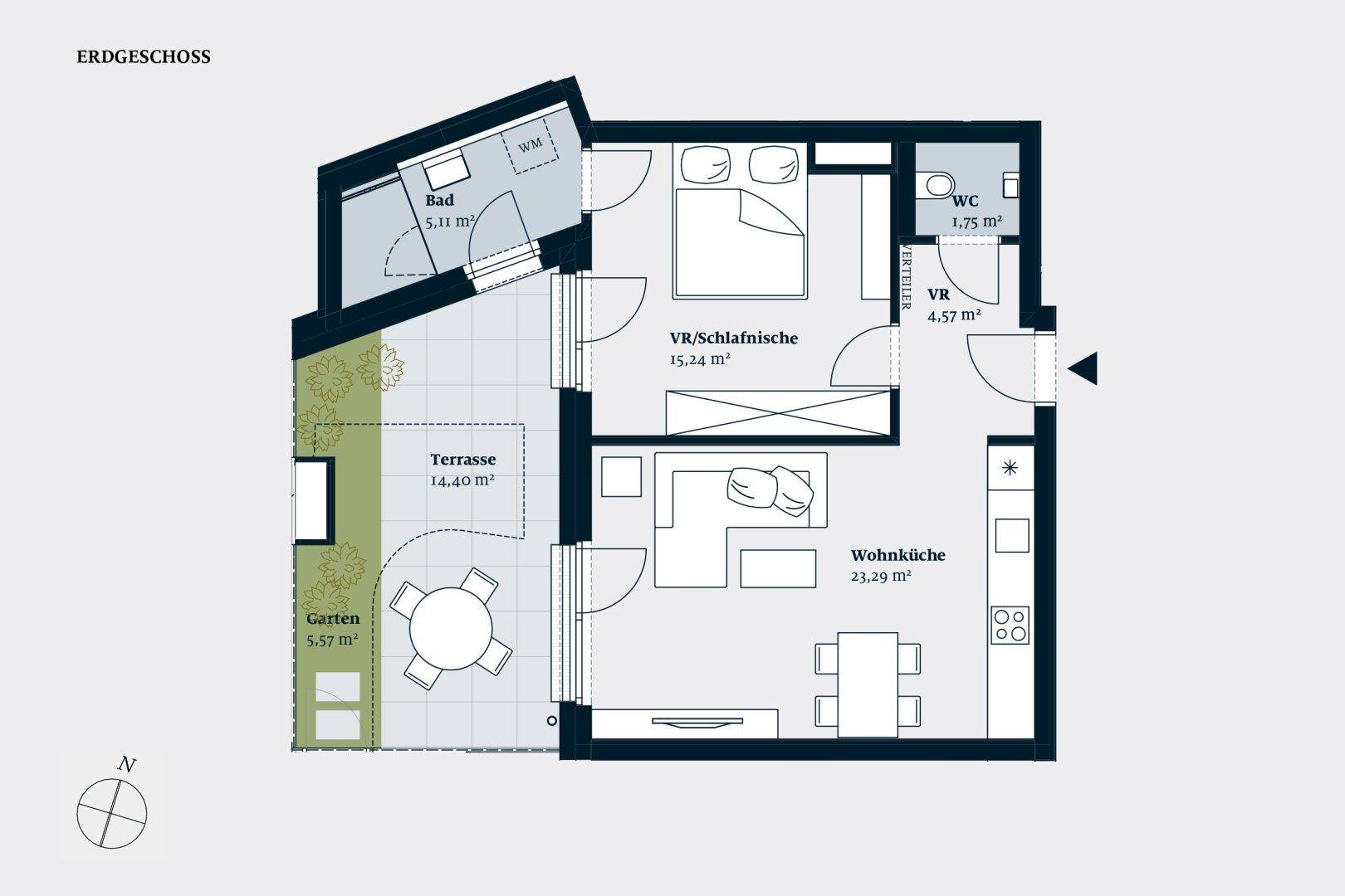 Grundriss des Erdgeschosses mit offener Wohnküche, Schlafzimmer, Bad, separatem WC, Terrasse und Garten.