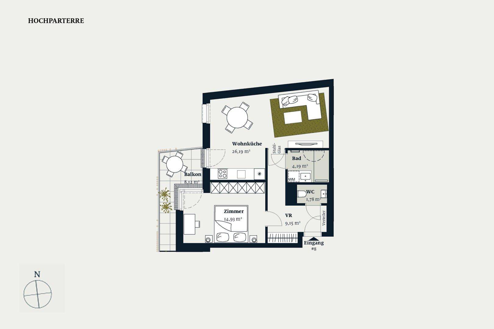 Grundriss des Hochparterres mit offener Wohnküche, einem Zimmer, Bad, WC und Balkon.