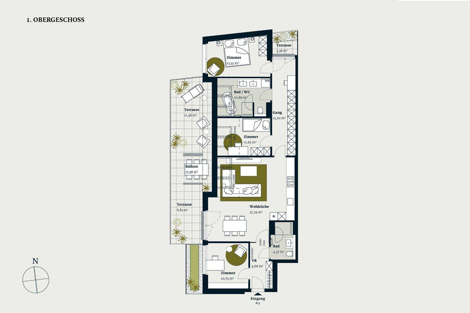 Detaillierter Grundriss des 1. Obergeschosses mit mehreren Zimmern, Terrassen und einem Balkon.