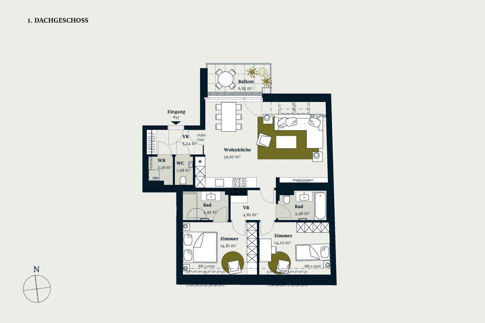Grundriss des Dachgeschosses mit offener Wohnküche, zwei Zimmern, zwei Bädern und Balkon.