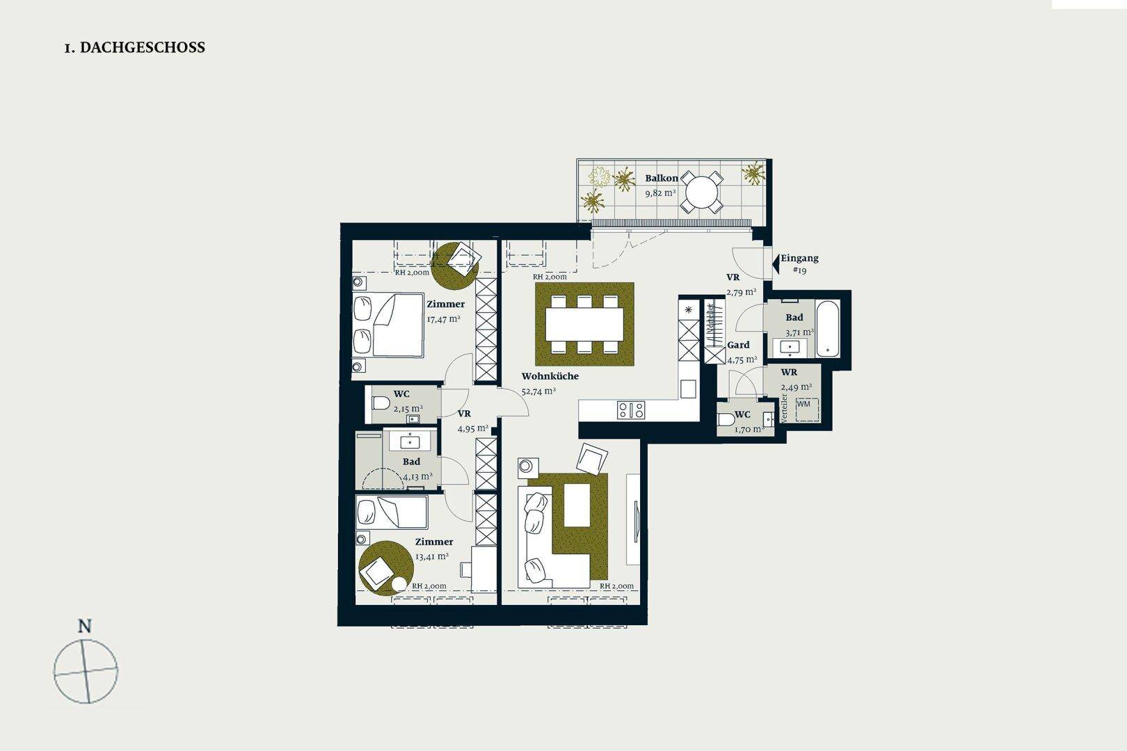 Dachgeschoss Grundriss mit drei Zimmern, offener Wohnküche, zwei Bädern und Balkon.