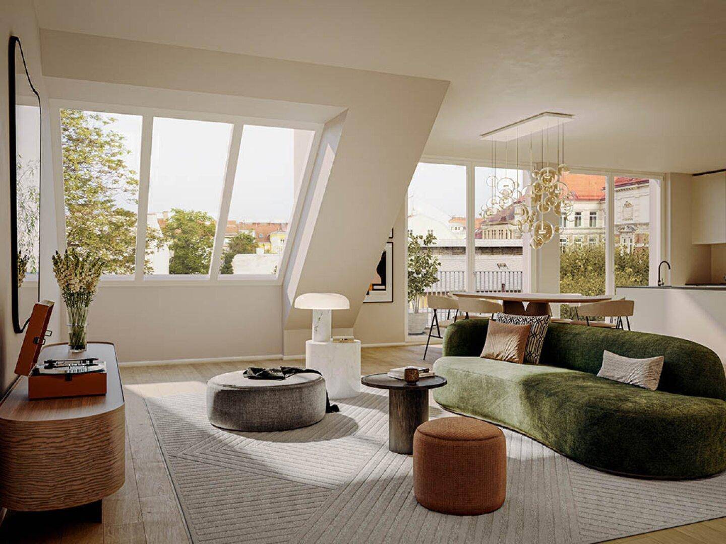 Geräumiges Wohnzimmer im Dachgeschoss mit schrägen Fenstern und moderner Einrichtung.