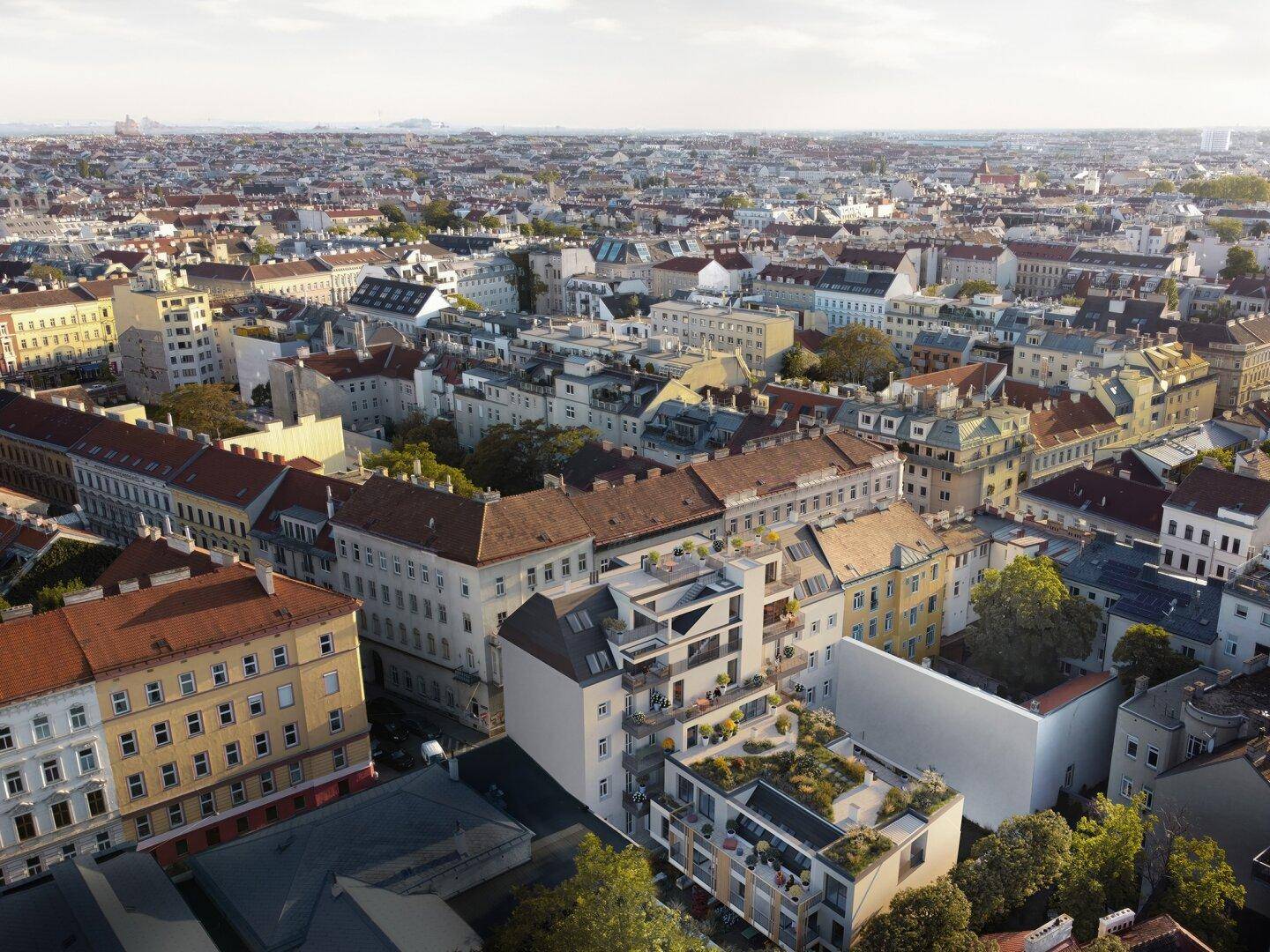 Weitläufige Luftaufnahme einer Stadt mit vielen Dächern, Gebäuden und Grünflächen.