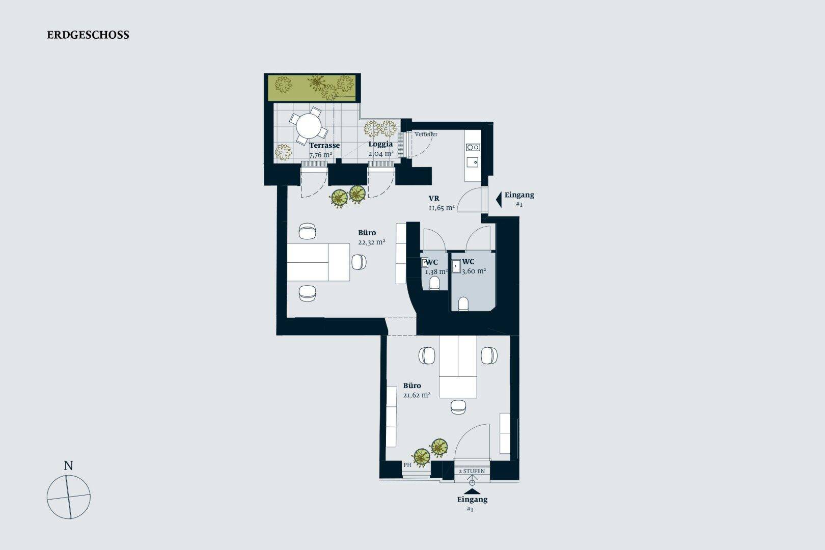 Grundriss des Erdgeschosses mit zwei Büroräumen, Terrasse, Loggia und zwei separaten WCs.