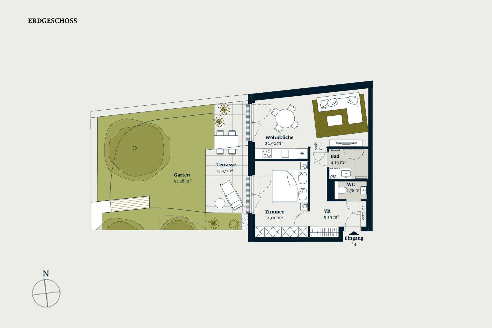 Grundriss des Erdgeschosses mit Wohnküche, Schlafzimmer, Bad, separatem WC, Terrasse und Garten.