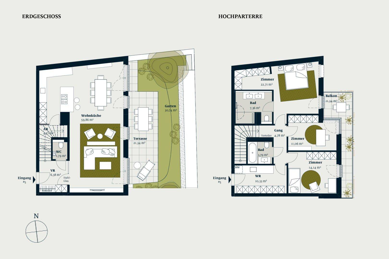 Grundrisspläne zeigen das Erdgeschoss mit Wohnküche, Terrasse und Garten sowie das Hochparterre mit drei Zimmern und Balkon.
