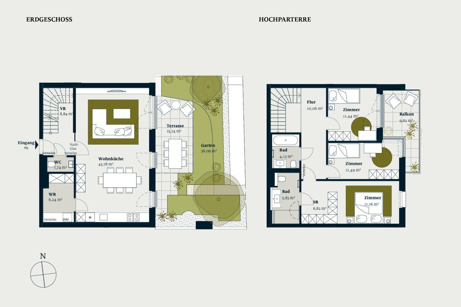 Detaillierter Grundriss des Erdgeschosses und Hochparterres mit Wohnküche, Terrasse und Garten.