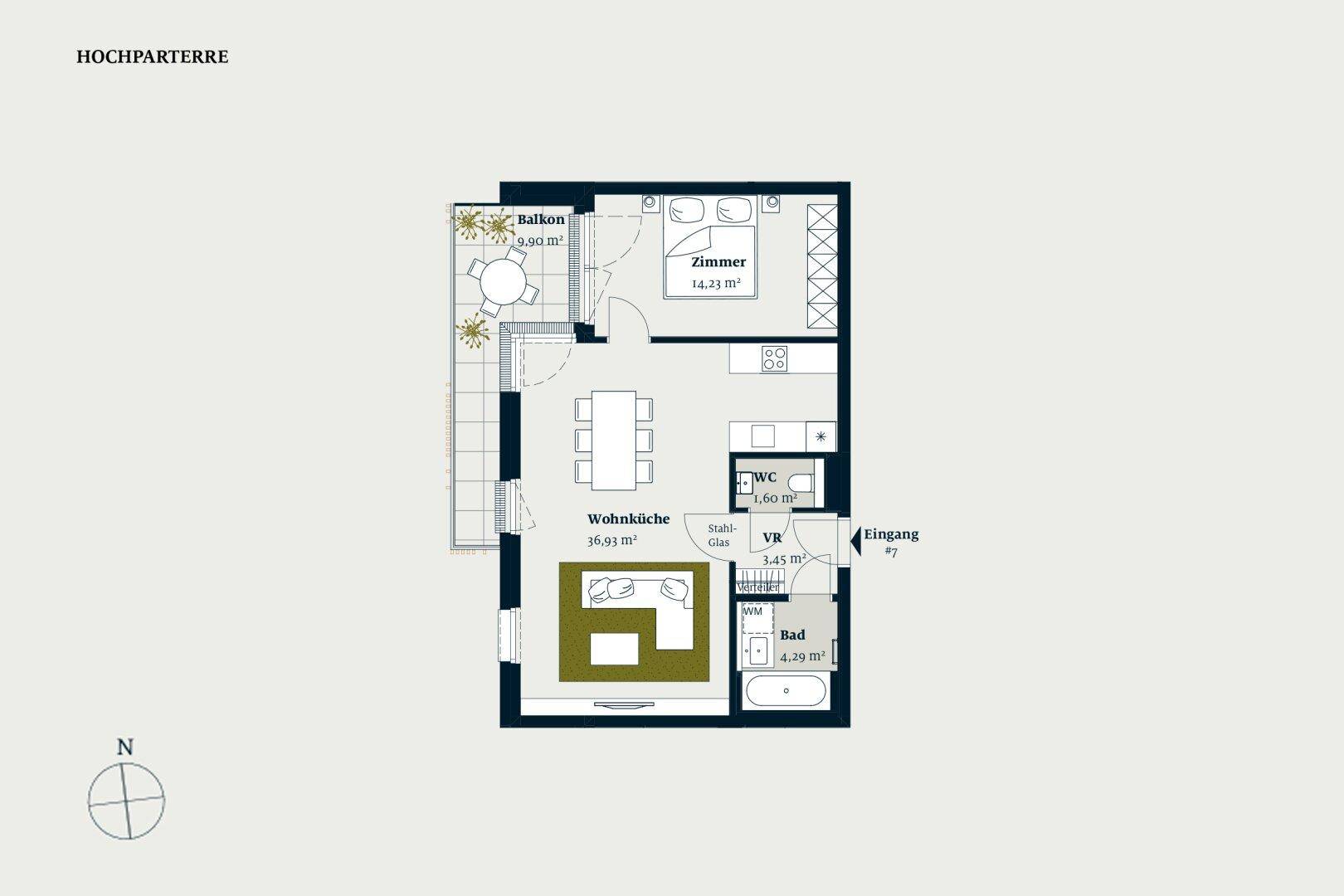 Grundriss der Hochparterre-Wohnung mit Wohnküche, Schlafzimmer, Bad und Balkon.