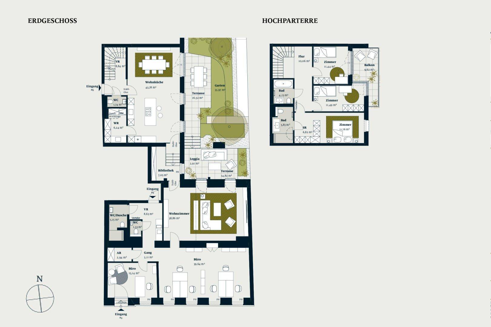 Grundrisspläne für Erdgeschoss und Hochparterre mit mehreren Zimmern, Terrassen und Gartenbereichen.