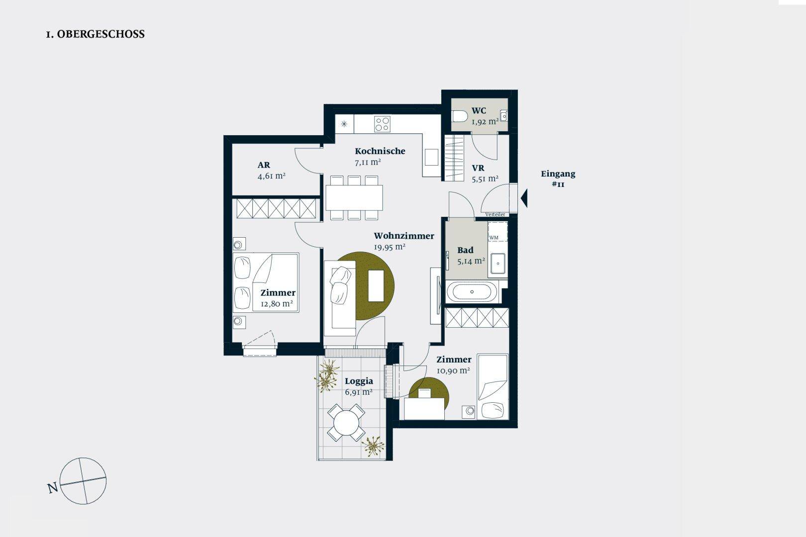 Grundriss des 1. Obergeschosses mit Wohnzimmer, zwei Zimmern, Bad, separatem WC und Loggia.
