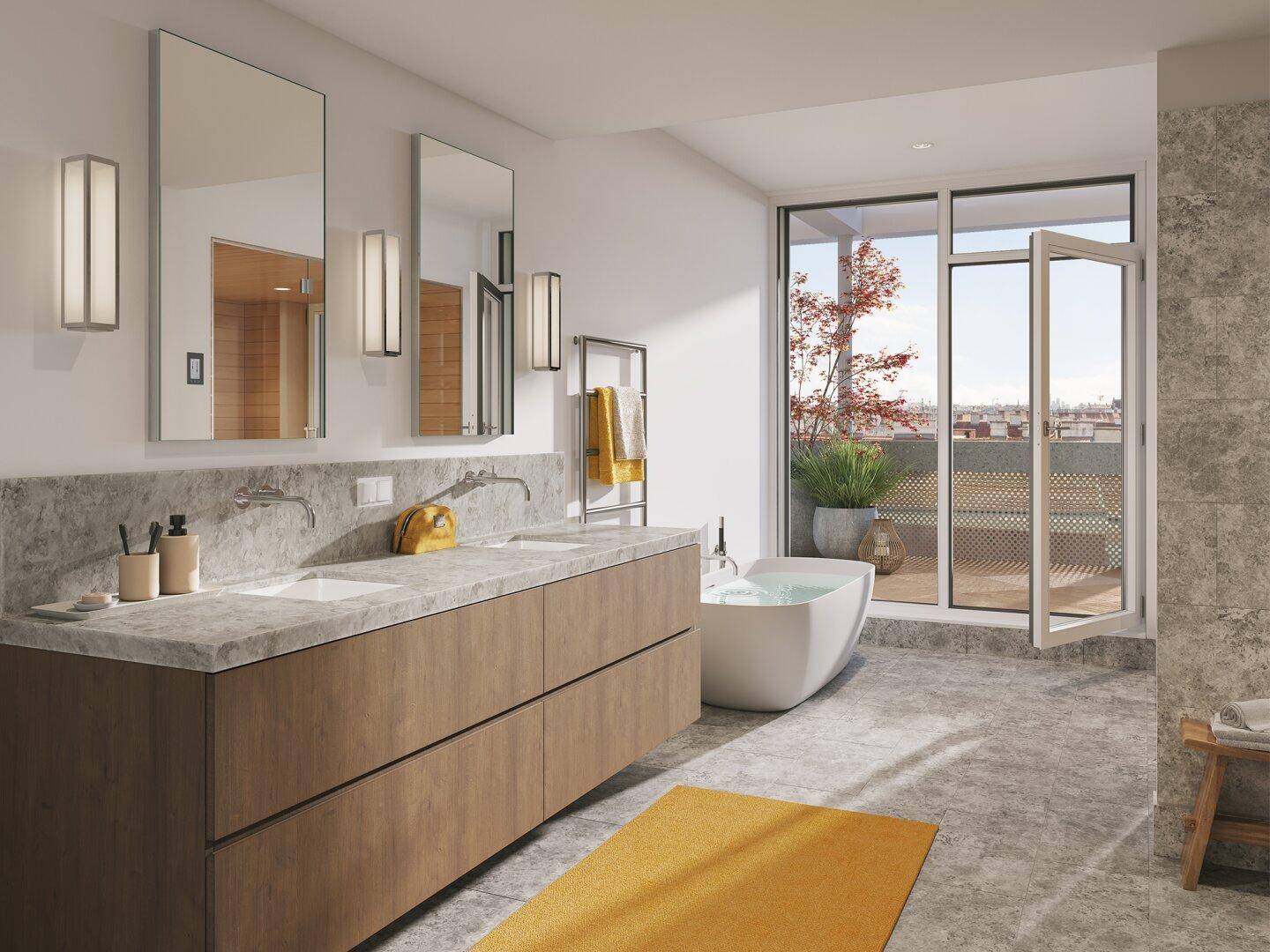 Modernes Badezimmer mit Doppelwaschbecken, freistehender Badewanne und Zugang zu einer Terrasse.