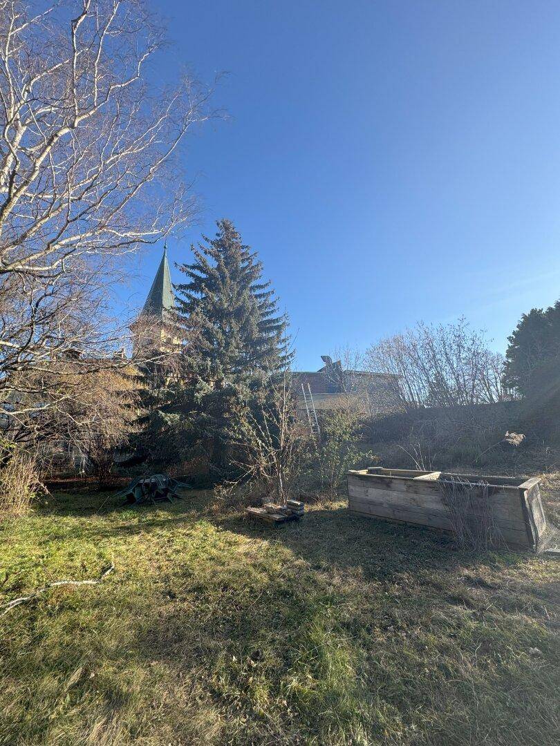 Weitläufiger Gartenbereich mit hohen Bäumen, einem Hochbeet und dem historischen Turm im Hintergrund.