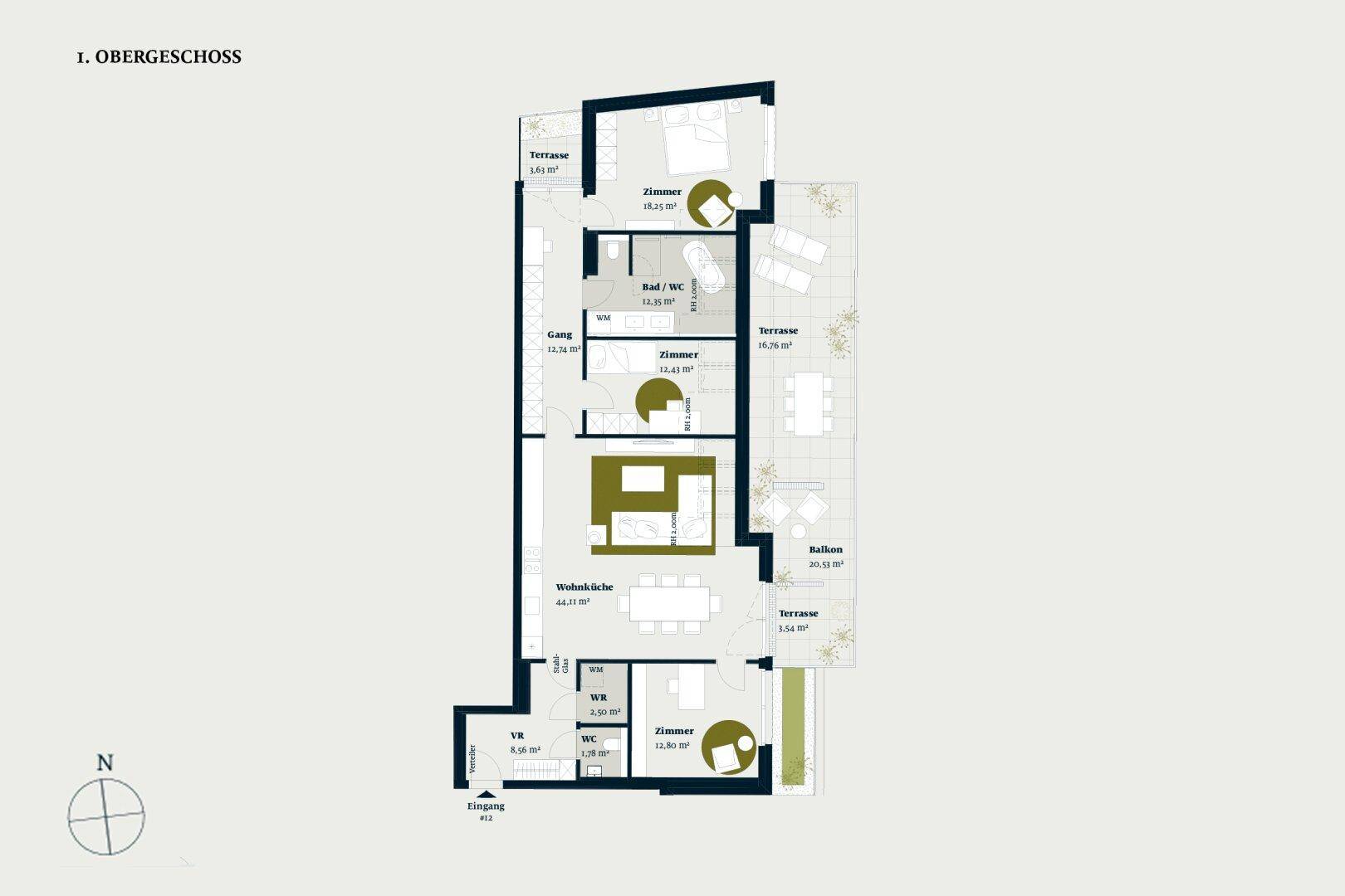 Grundriss des 1. Obergeschosses mit mehreren Zimmern, Terrassen und einem Balkon.