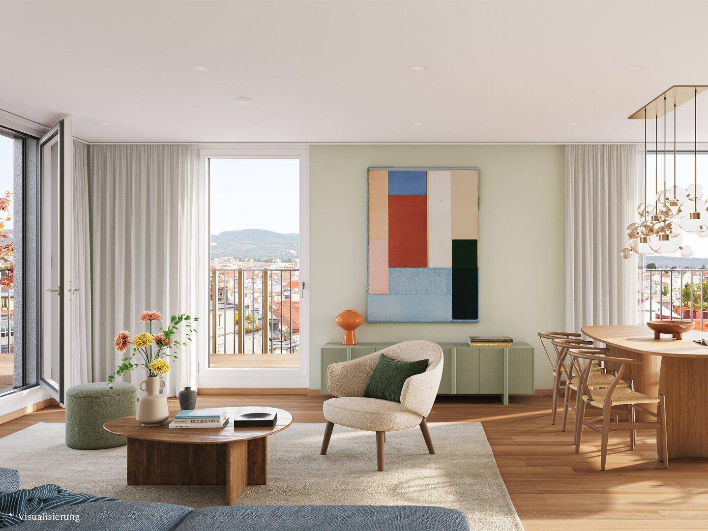Helles Wohnzimmer mit modernem Design, Holzboden und Zugang zu einem Balkon mit Stadtblick.