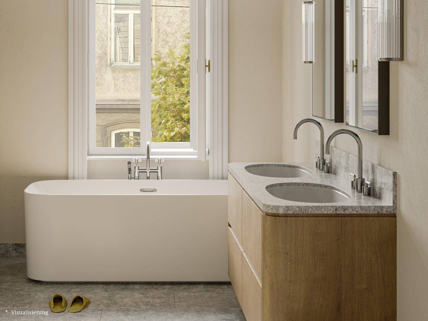 Helles Badezimmer mit freistehender Badewanne, Doppelwaschbecken und großem Fenster.