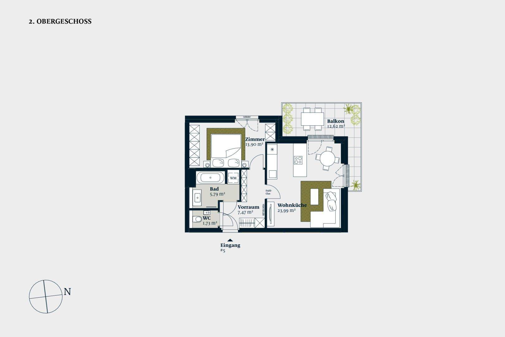 Grundriss des 2. Obergeschosses mit Balkon, Schlafzimmer, Bad und Wohnküche.